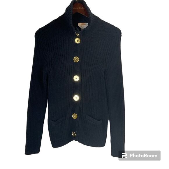 Talbots Sz M Navy Blue Cardigan Pima Cotton Chunky Knit Sweater Gold Buttons N1 - Picture 1 of 12